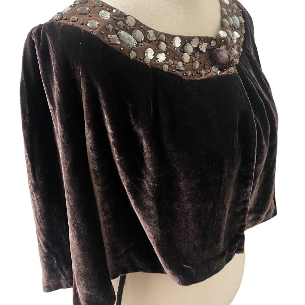 JOOLAY brown jeweled silk/ velvet sleeved caplet‎ - Picture 4 of 10